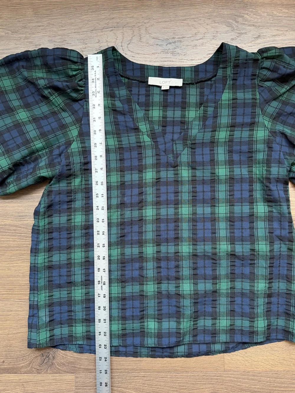 LOFT Green Blue Plaid Puff Sleeve V-Neck Blouse Top Southern Preppy Medium